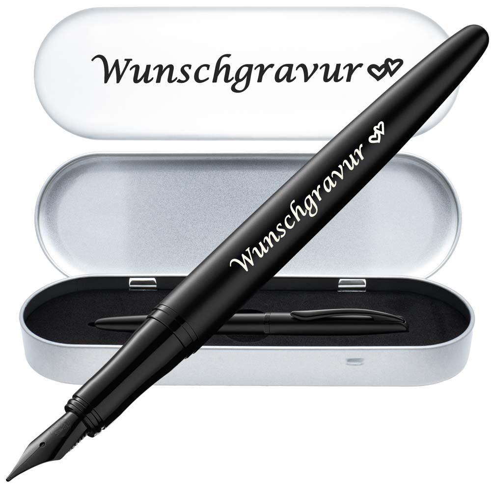 Pelikan Füllhalter Jazz® Noble Elegance mit Gravur als Geschenk | inkl. Etui mit Wunschgravur (Platz für 10 Stifte) | Emojis Gravur möglich | Farbe Carbon Schwarz | personalisiert mit Wunschgravur