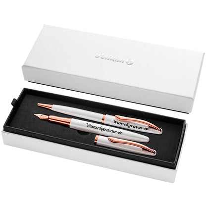 Pelikan Füller & Kugelschreiber Jazz® Noble Elegance im Set mit Wunschgravur | inkl. Geschenkeuti | Emoji Gravur | Perlmutt Weiß |