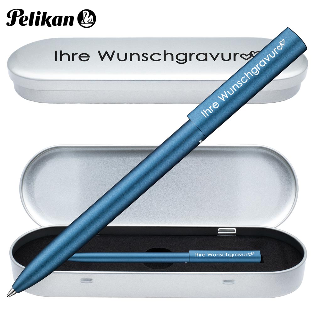 Pelikan Kugelschreiber Ineo® mit Gravur | inkl. Etui mit Wunschgravur (Platz für 10 Stifte) | Petrol - Blau |
