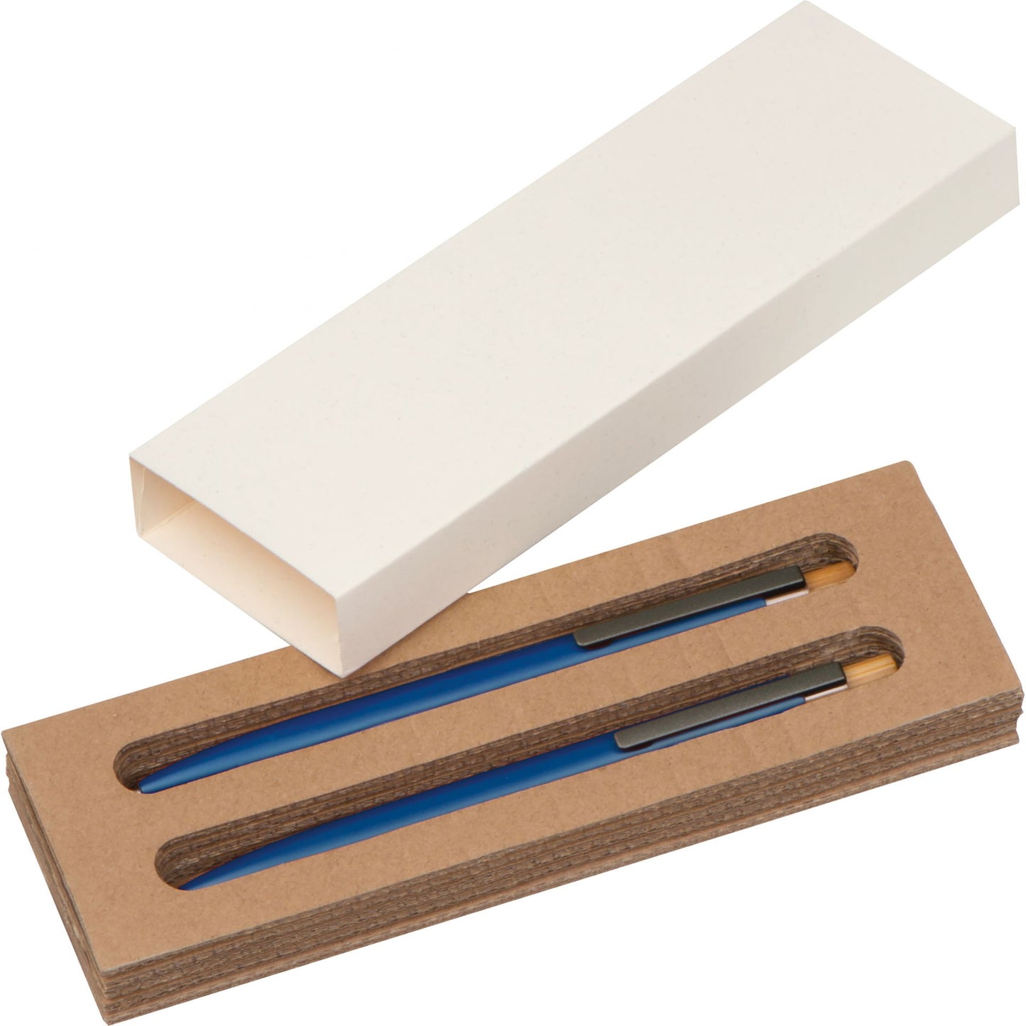 Schreibset mit Wunschgravur | Kugelschreiber und Druckbleistift | Bambusdrücker | recyceltes Aluminium | Blau schreibend  Schriftarten | Werbekugelschreiber Gravur