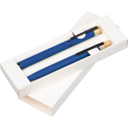 Schreibset mit Wunschgravur | Kugelschreiber und Rollerball | Bambusdrücker | recyceltes Aluminium | Blau schreibend  Schriftarten | Werbekugelschreiber Gravur