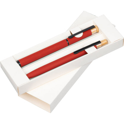 Schreibset mit Wunschgravur | Kugelschreiber und Rollerball | Bambusdrücker | recyceltes Aluminium | Blau schreibend  Schriftarten | Werbekugelschreiber Gravur