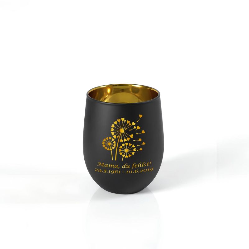 Personalisiertes Windlicht mit Gravur | Motivwahl: Herz, Blume, Ring, Taube | Name + Spruch auf Glas | Geschenk für Frauen, Mama &amp; Paare | Hochzeit, Geburtstag, Valentinstag | Schwarz