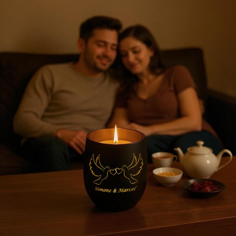 Personalisiertes Windlicht mit Gravur | Motivwahl: Herz, Blume, Ring, Taube | Name + Spruch auf Glas | Geschenk für Frauen, Mama &amp; Paare | Hochzeit, Geburtstag, Valentinstag | Schwarz