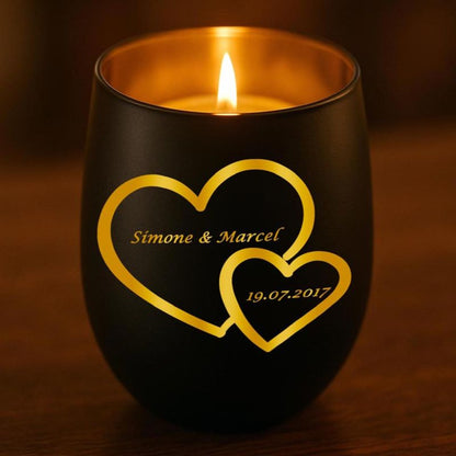 Personalisiertes Windlicht mit Gravur | Motivwahl: Herz, Blume, Ring, Taube | Name + Spruch auf Glas | Geschenk für Frauen, Mama &amp; Paare | Hochzeit, Geburtstag, Valentinstag | Schwarz